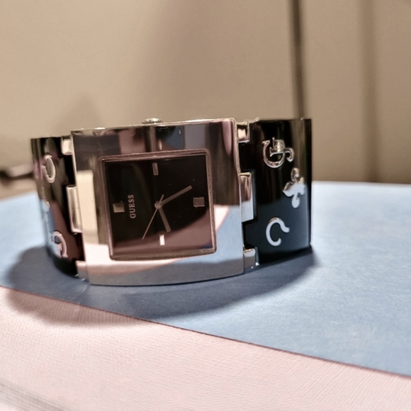 Square Face Guess Watch Black and Silver Fleur de lis Pattern - Picture 1 of 6